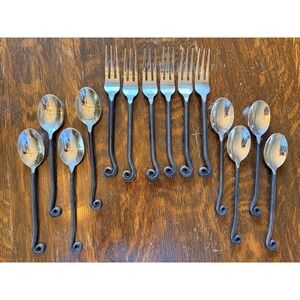 Vintage POTTERY BARN FIDDLEHEAD Black Iron Stainless Steel Flatware 14 PCS